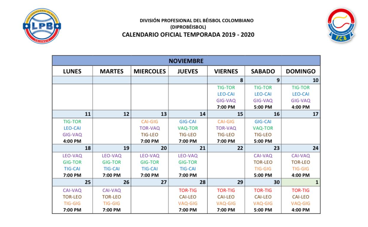 Calendario Liga Profesional De Béisbol Colombiano (Diprobeisbol) 2019 ...